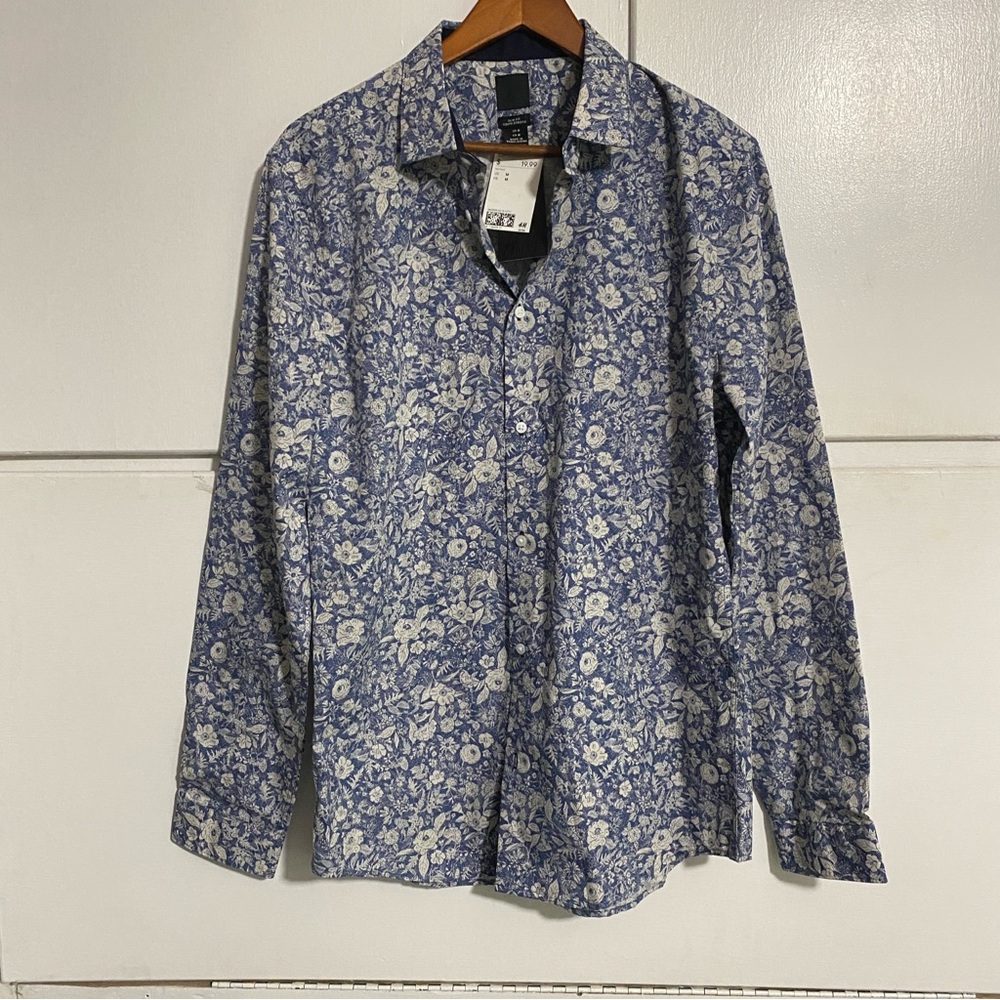 NEW H&M Slim Fit Blue White Floral Casual Button Down Shirt Mens Medium